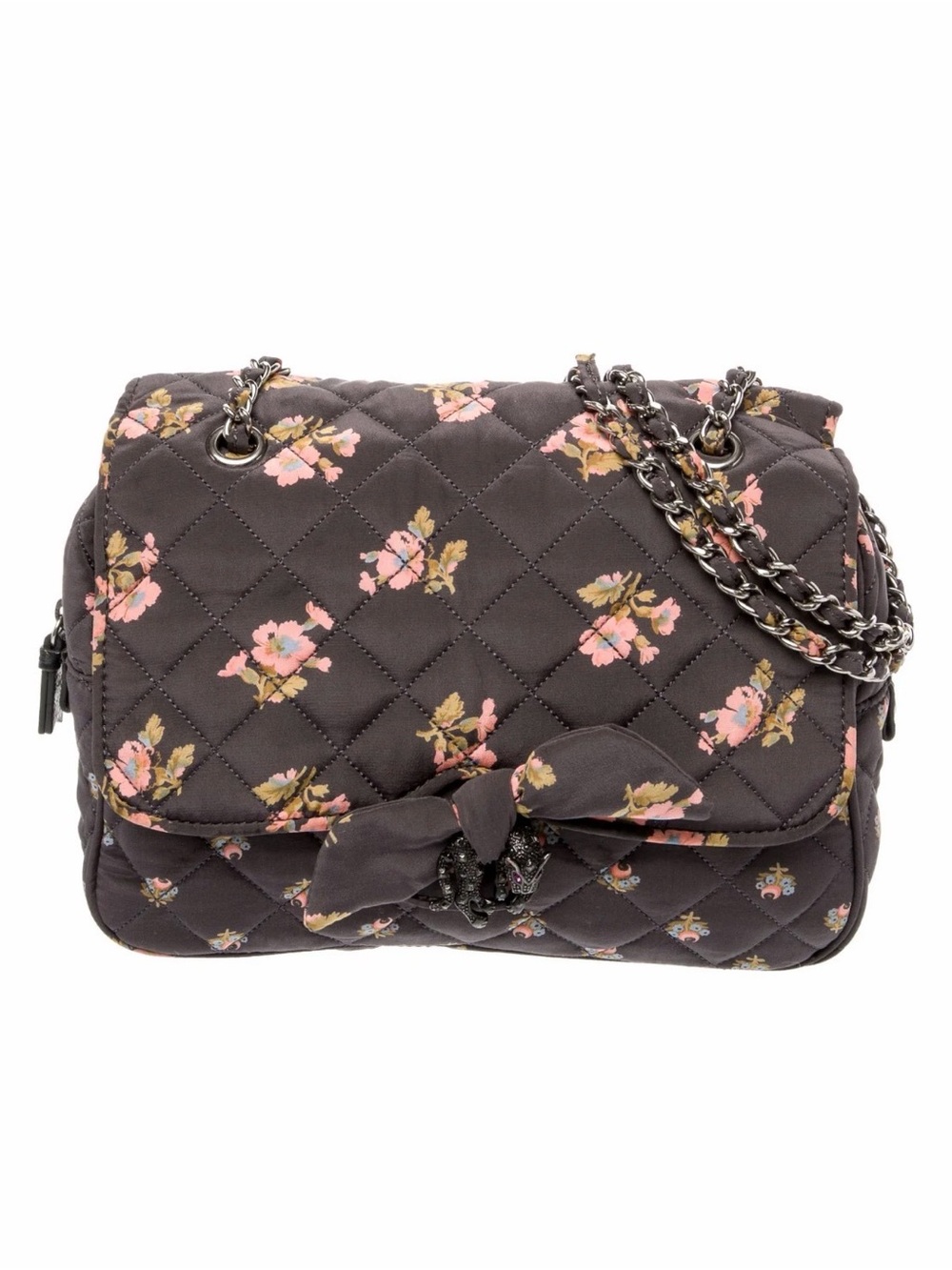 Rebecca Taylor Quilted Grey, Purple, Pink Floral Chain Shoulder or Crossbody Bag